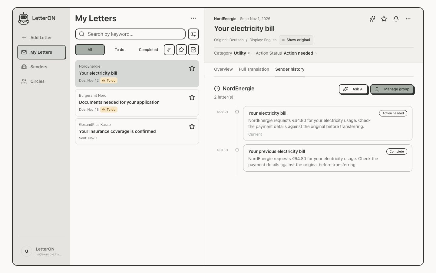 Actual LetterON sender history showing two fictional NordEnergie letters, including a completed previous bill.